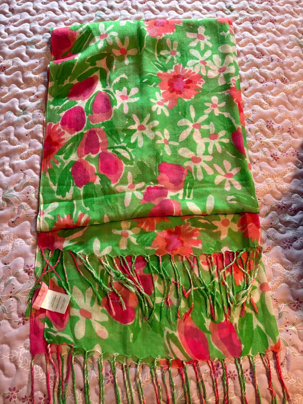 Lilly Pulitzer Green Scarf with Pink & White Floral Print